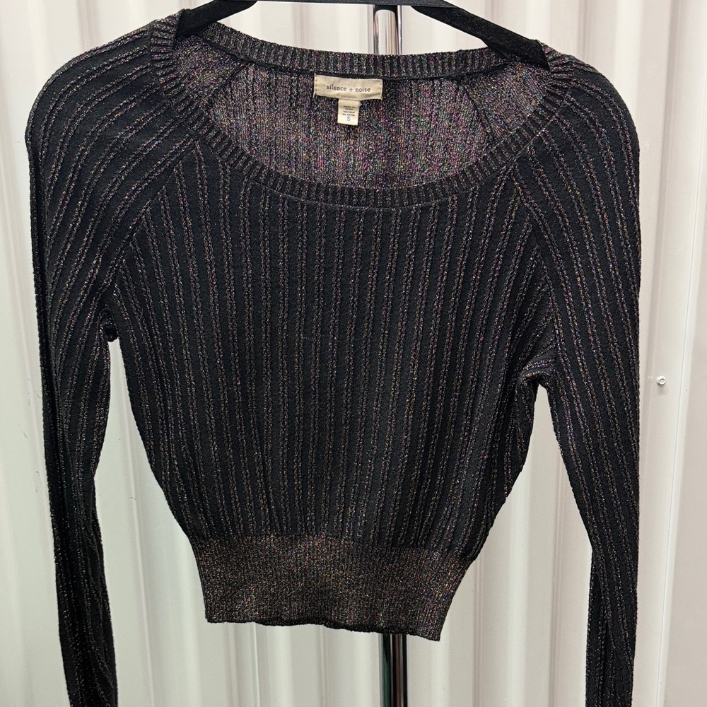 silence + noise Black Metallic Ribbed Scoop Neck Top